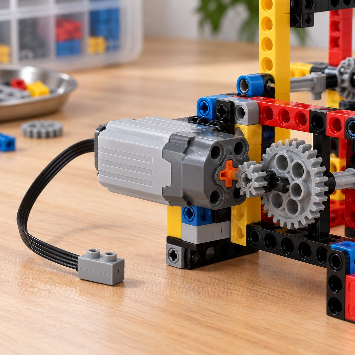 Medium Power Functions motor drives a colorful building-block gear mechanism on a workbench.