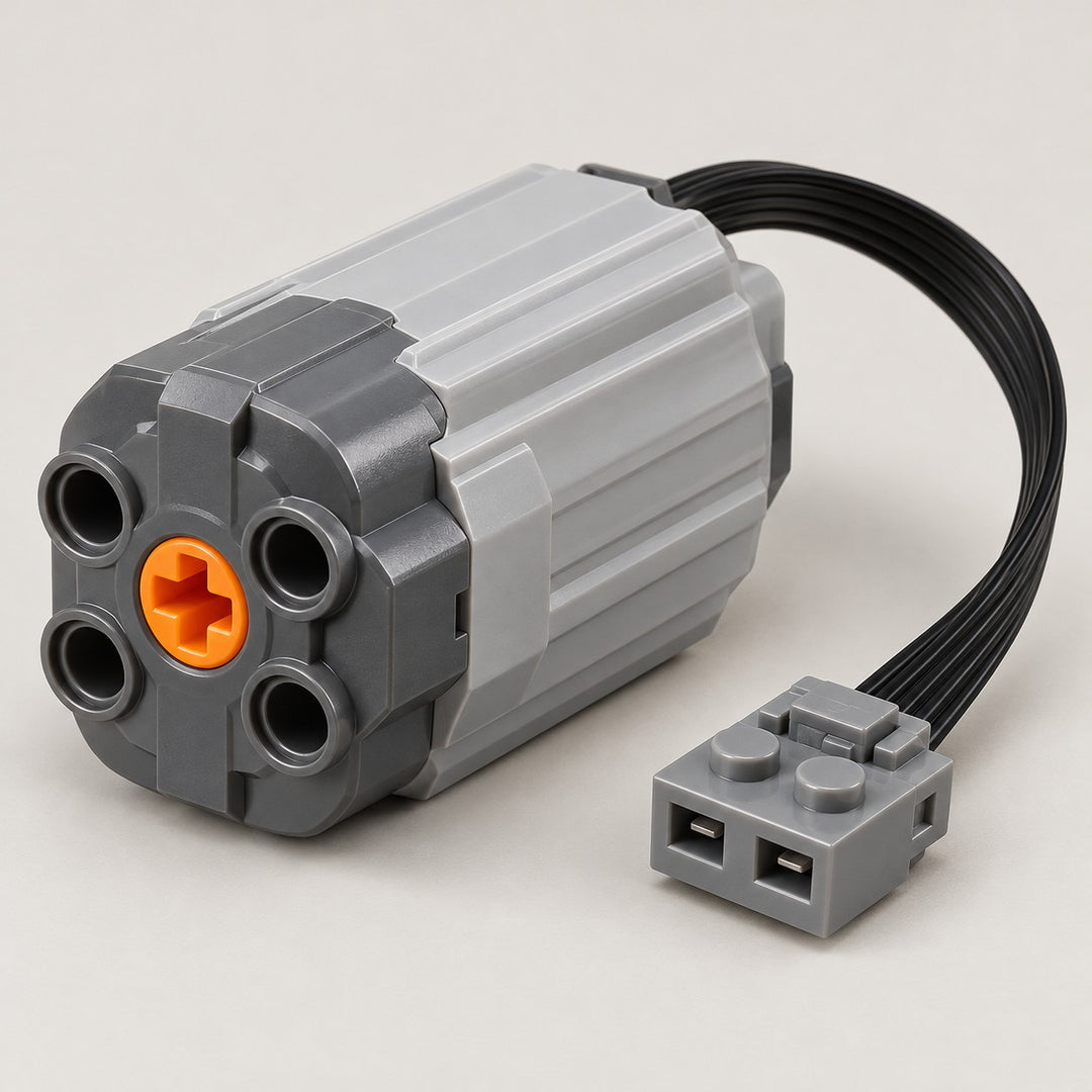 Medium building-block motor shown clearly with its ribbed casing, axle port and cable connector.