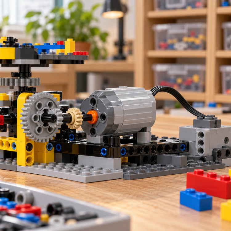 Medium Power Functions motor powers a block-built mechanism with rotating gears.