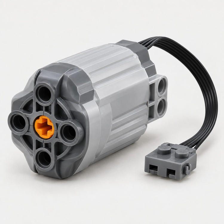 Servo steering motor with black cable and gray connector on a light studio backdrop.