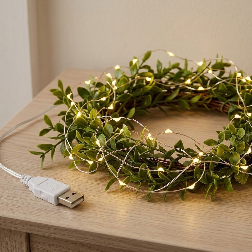 Warm white string light draped over a leafy decorative wreath on a light wooden table, with its attached USB connector visible.