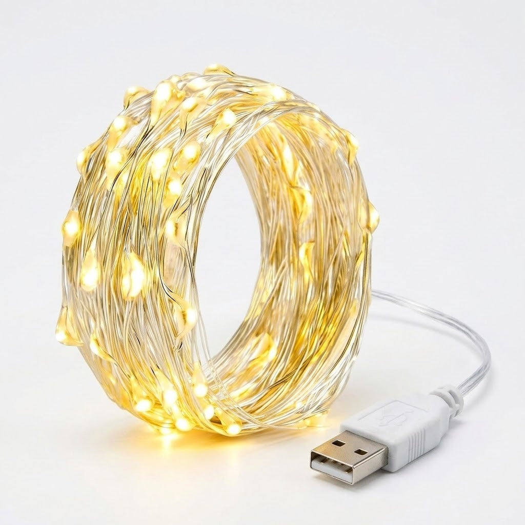 A coiled roll of warm white LED fairy string lights on a thin wire, with a white USB connector cable visible on a clean white background.
