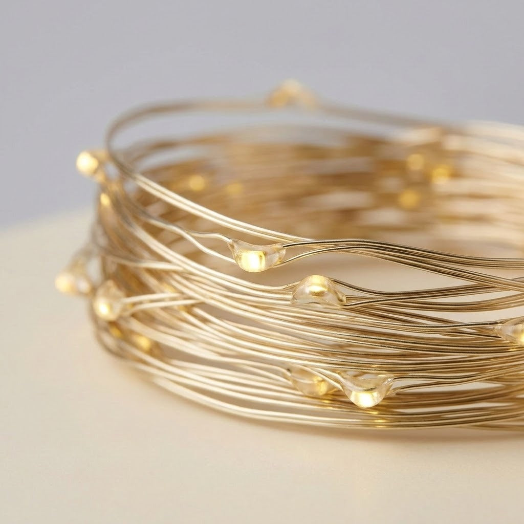 Coiled gold fairy string lights with small warm white LED bulbs on a light beige surface against a soft gray background.