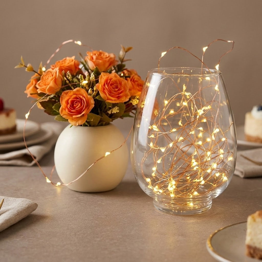A clear glass vase filled with warm white fairy string lights, placed beside a white ceramic vase holding orange roses on a beige tabletop.