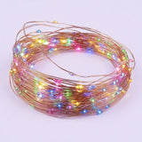A coiled bundle of copper wire fairy string lights glowing with multicolor LED bulbs, set against a plain light purple background.