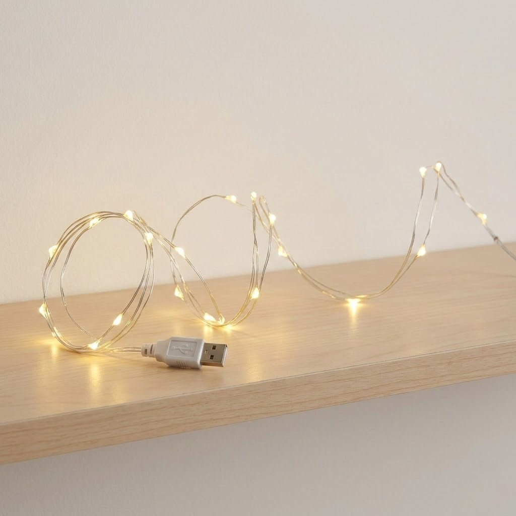 Warm white LED fairy string lights coiled on a light wood shelf against a plain off-white wall, with a USB connector visible.