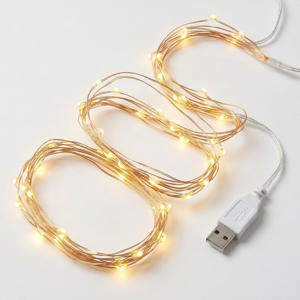 Warm white LED fairy string lights coiled on a white background, with a white USB connector visible at one end.