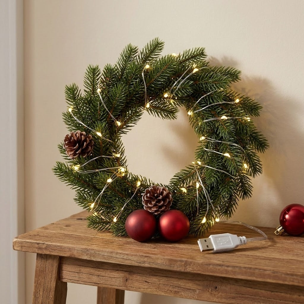 A green evergreen wreath with warm white string lights, two pinecones, and two red ornaments, displayed on a rustic wooden table against a beige wall.