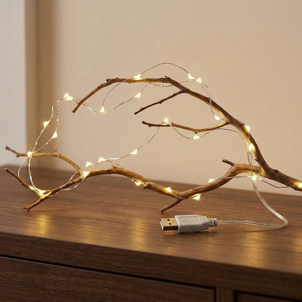 Warm white string light follows a bare branch on a wooden console, with its attached USB lead and connector visible.
