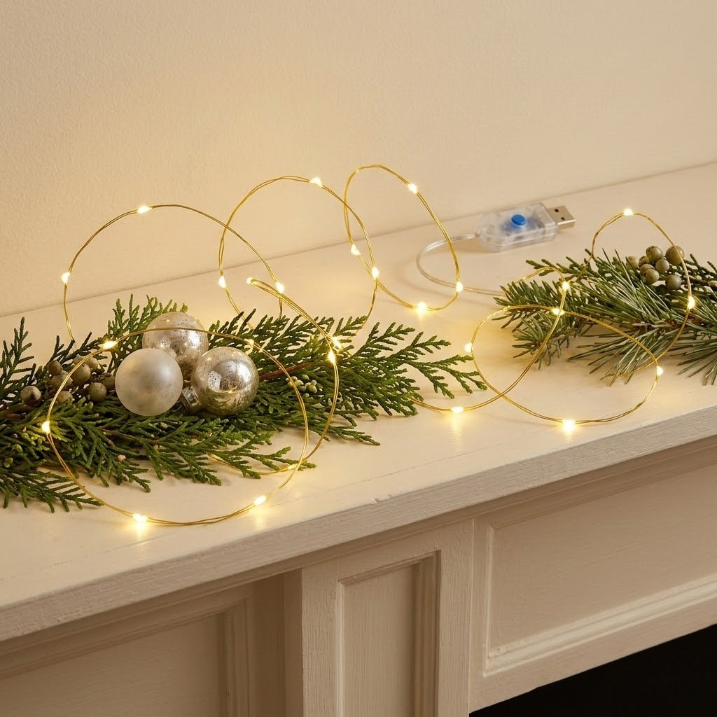 Warm white LED fairy string lights draped over green pine branches and holiday ornaments on a white mantelpiece, with a USB power adapter visible in the background.