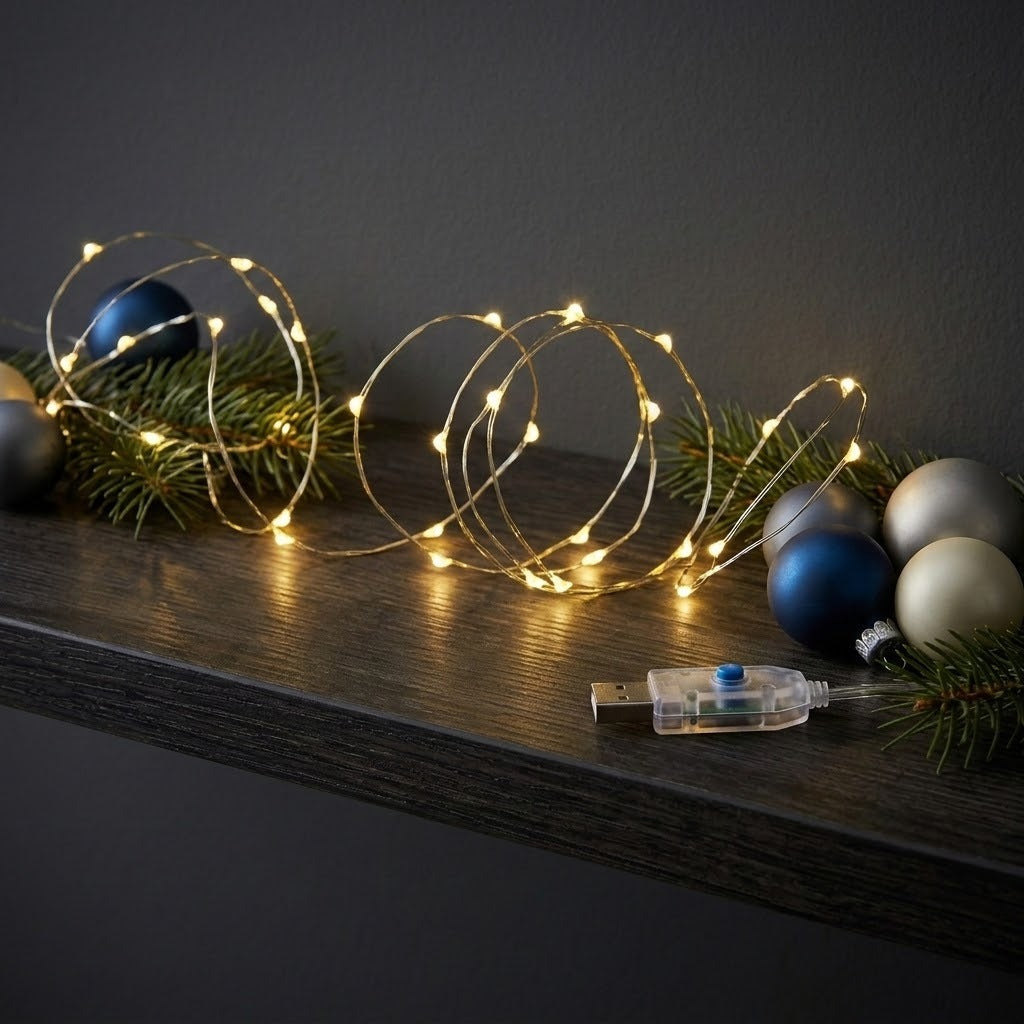 Warm white LED fairy string lights draped across a dark wooden shelf with pine branches and decorative blue, silver, and white Christmas ornaments, plus a small USB controller.