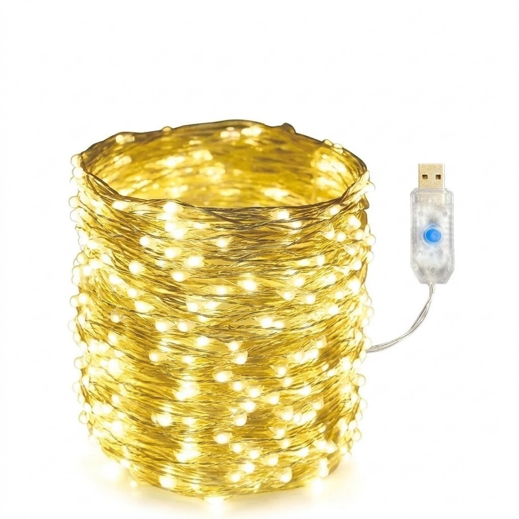 Coiled copper wire fairy string lights glowing with warm yellow light, shown with a clear USB control module on a white background.