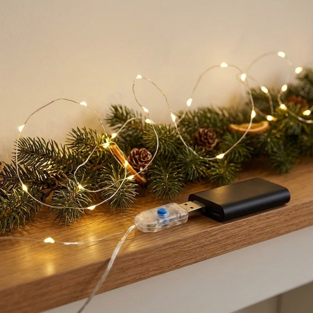 Warm white LED string light decorates evergreen branches on a wooden shelf, with its clear USB controller connected to a black power bank.