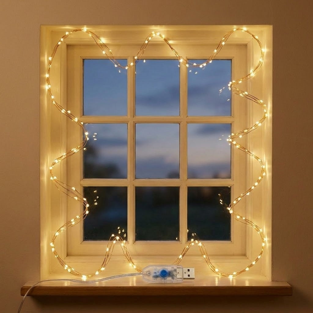Warm white window string lights wrapped around a multi-pane window, with a power adapter and cord resting on the windowsill against a beige wall.