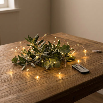 Warm white fairy string lights draped over green eucalyptus branches on a rustic wooden table, with a small remote control nearby in a softly lit indoor setting.