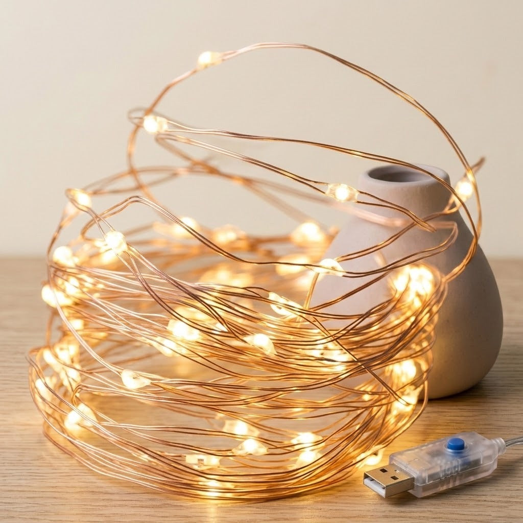 Warm white copper fairy string lights coiled on a wooden surface next to a small ceramic vase, with a USB power adapter visible in the foreground.