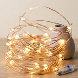 Warm white copper fairy string lights coiled on a wooden surface next to a small ceramic vase, with a USB power adapter visible in the foreground.