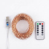 Coiled copper wire LED fairy string lights with a USB connector and a small remote control on a white background.