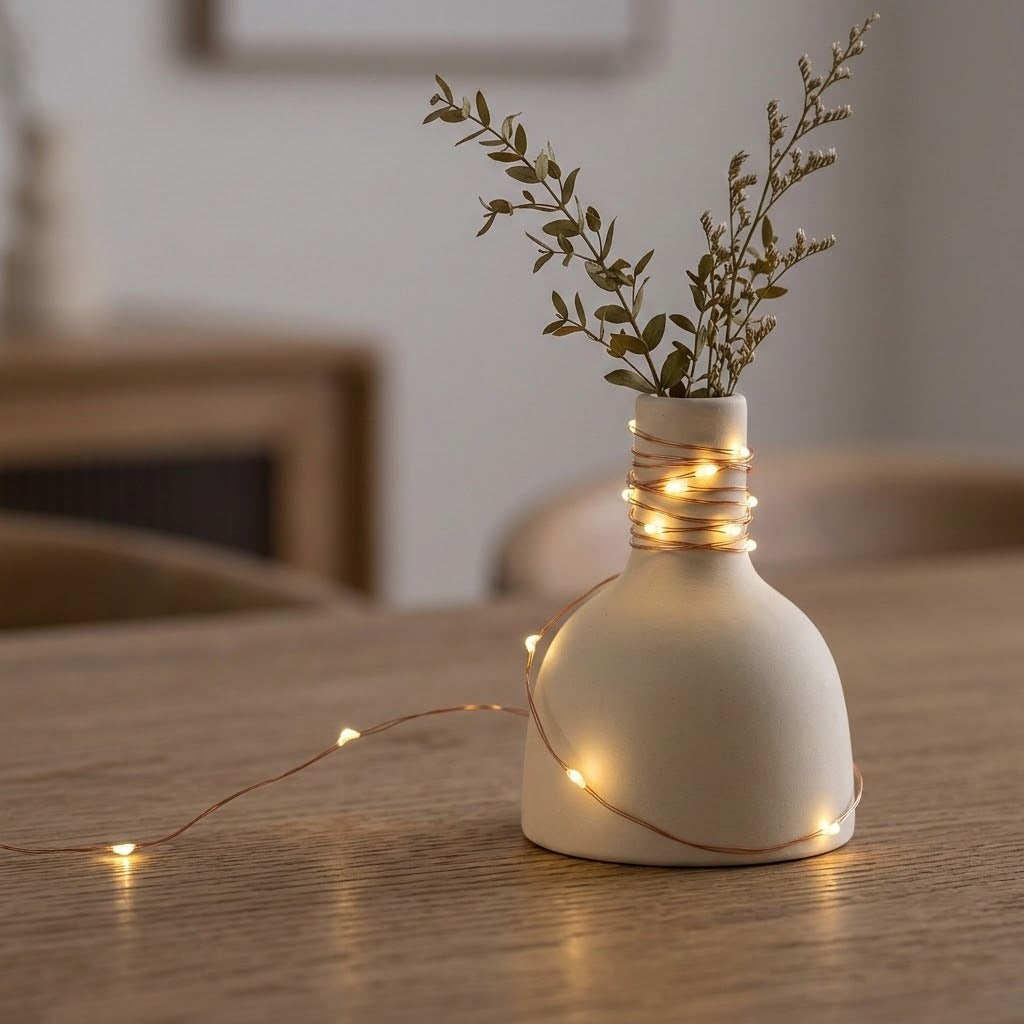 A matte cream ceramic vase with a rounded body and narrow neck, wrapped with warm fairy lights around the neck and placed on a wooden table. Dried greenery is tucked into the vase, with the string lights casting a soft glow in a cozy indoor setting.