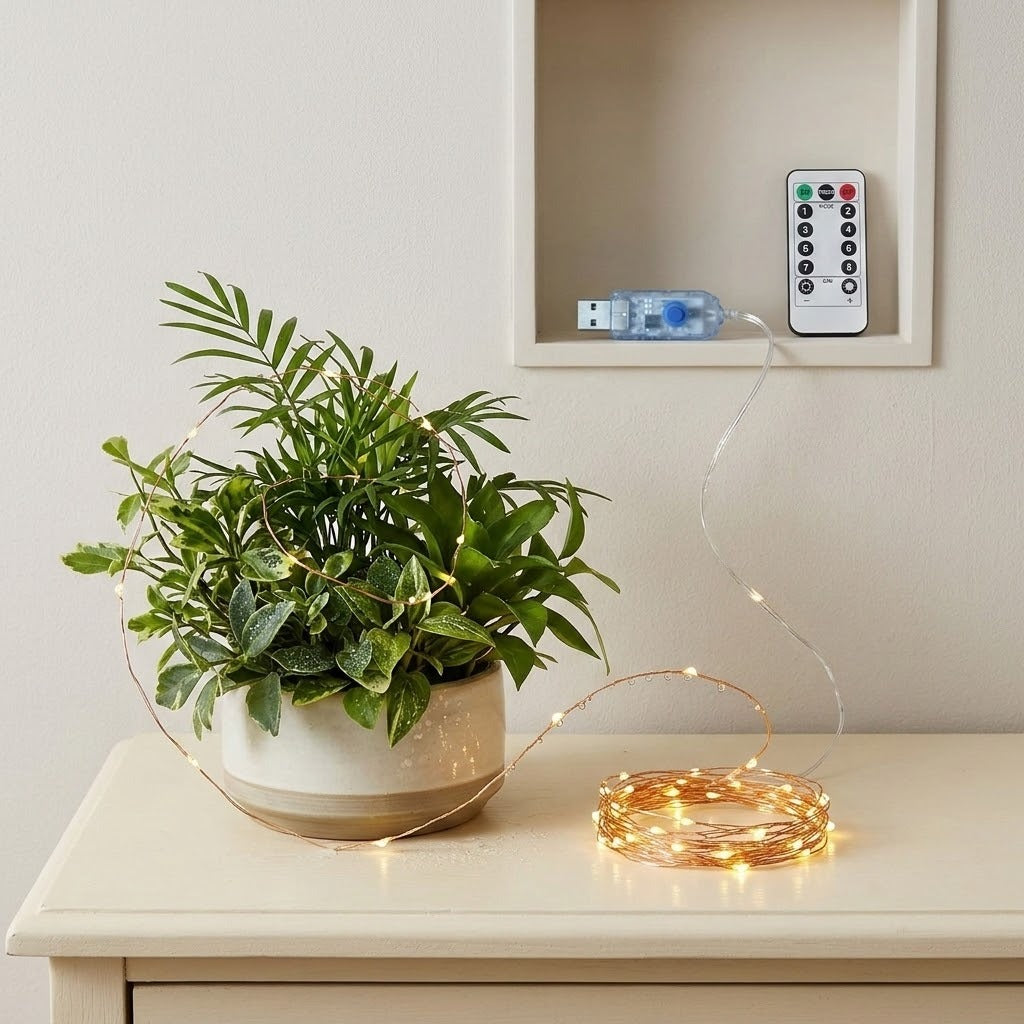 Warm white fairy string lights draped around a potted green plant on a light wood table, with the USB charger and remote control displayed in a wall-mounted shelf niche above.