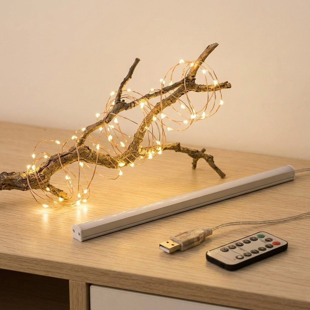 Warm white LED fairy string lights draped over a decorative branch, shown on a wooden tabletop with a long white power bar, USB cable, and remote control.