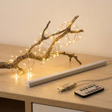 Warm white LED fairy string lights draped over a decorative branch, shown on a wooden tabletop with a long white power bar, USB cable, and remote control.