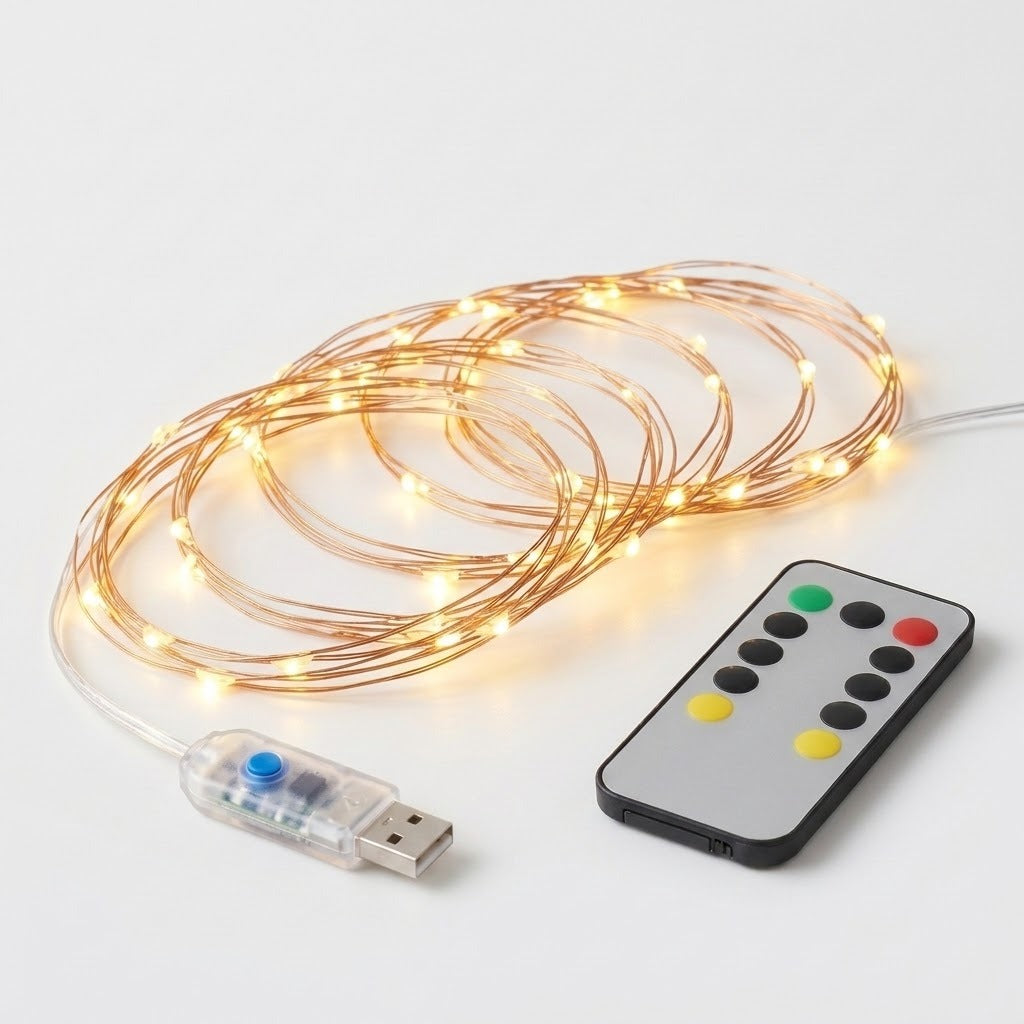 Coiled copper wire string lights glowing warm white next to their USB plug and a remote control on a white background.