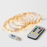 Coiled copper wire string lights glowing warm white next to their USB plug and a remote control on a white background.