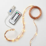 Coiled copper wire fairy string lights with warm white LED bulbs, shown with a clear inline switch and a white remote control on a light gray background.