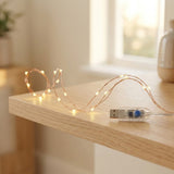 Warm white LED fairy string lights on a copper wire, with a USB connector visible, draped across a light wood table in a softly lit room.