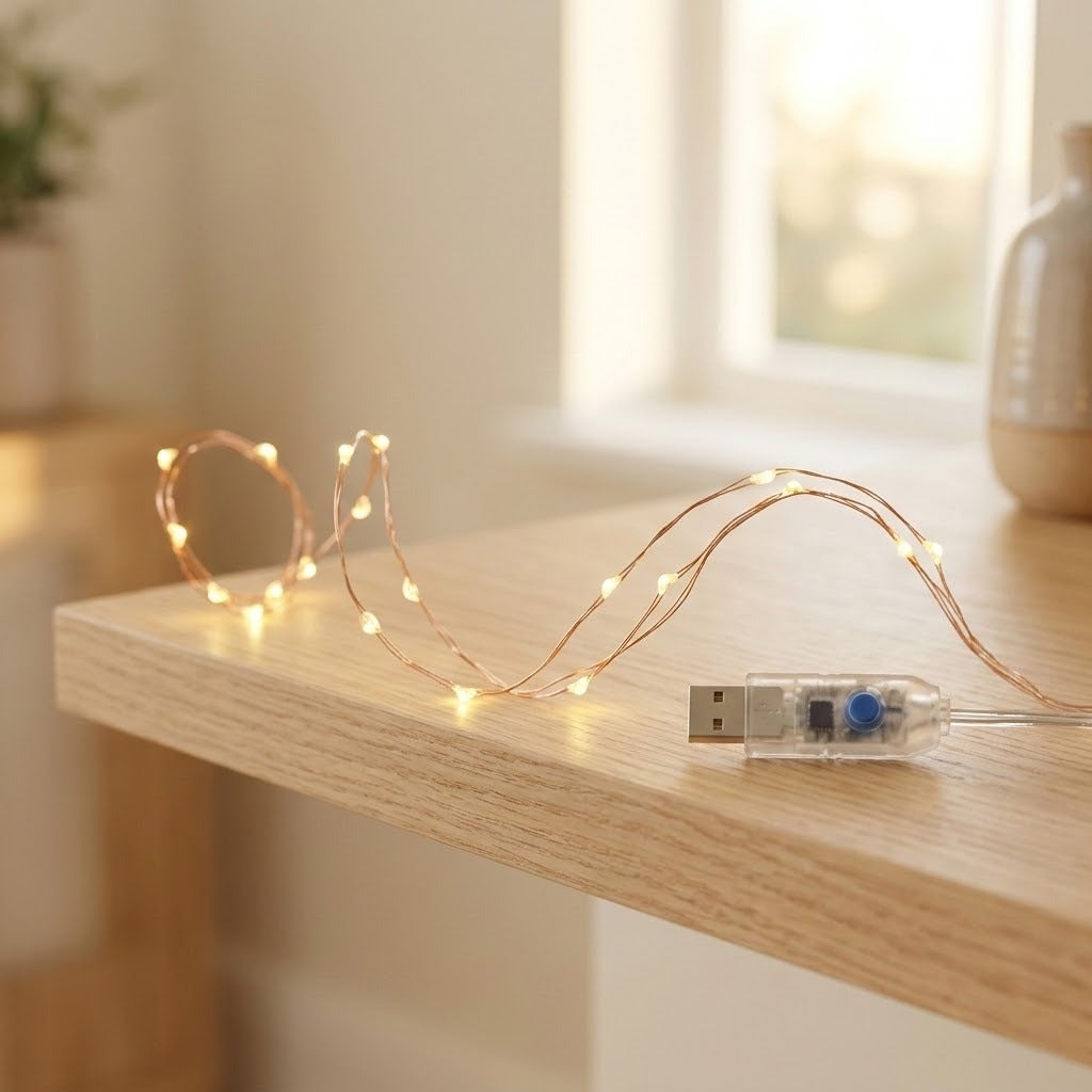 Warm white LED fairy string lights on a copper wire, with a USB connector visible, draped across a light wood table in a softly lit room.