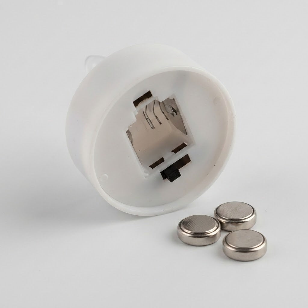 The white base of a mini Christmas night light showing its open battery compartment beside three silver coin batteries.