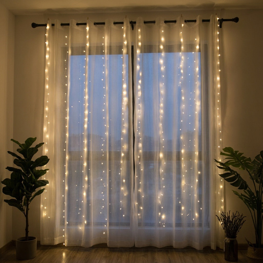 Warm white curtain string lights draped vertically down sheer white curtains hanging on a black rod over a window, with potted plants on both sides in a dimly lit room.