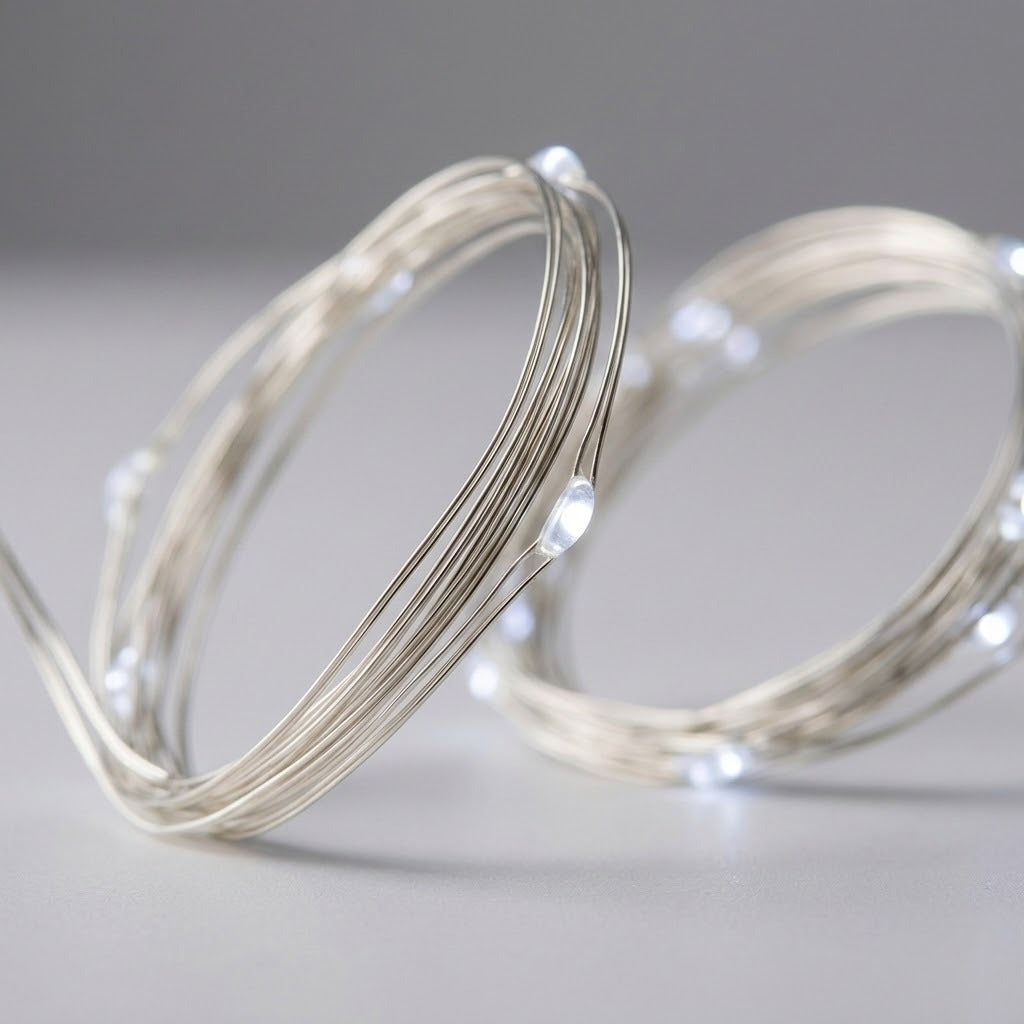 An LED curtain light’s silver-colored strands form loose coils with small glowing bulbs on a pale gray surface.