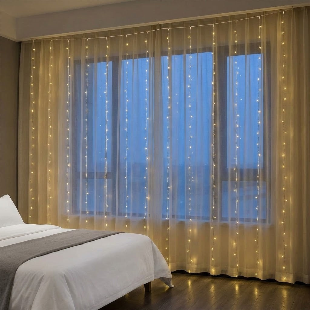 Beige sheer curtains hanging over a window in a bedroom, decorated with vertical strands of warm white fairy lights. A bed with white bedding and a gray throw blanket is visible in the foreground.