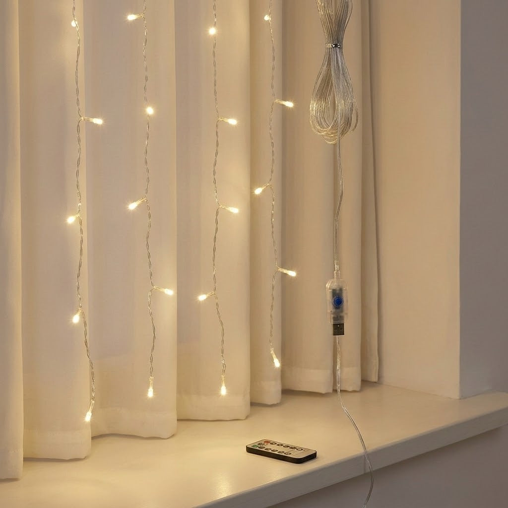 Warm white curtain string lights draped over cream-colored curtains on a windowsill, with a remote control and the light cord bundle resting nearby.