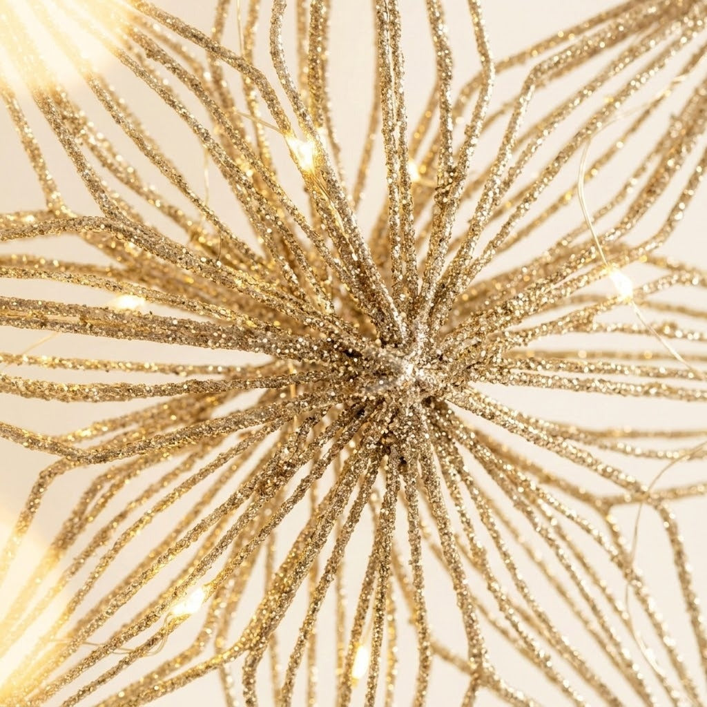 Close-up of a gold glittery star tree topper showing layered frame details and glowing LED wires against a cream background.