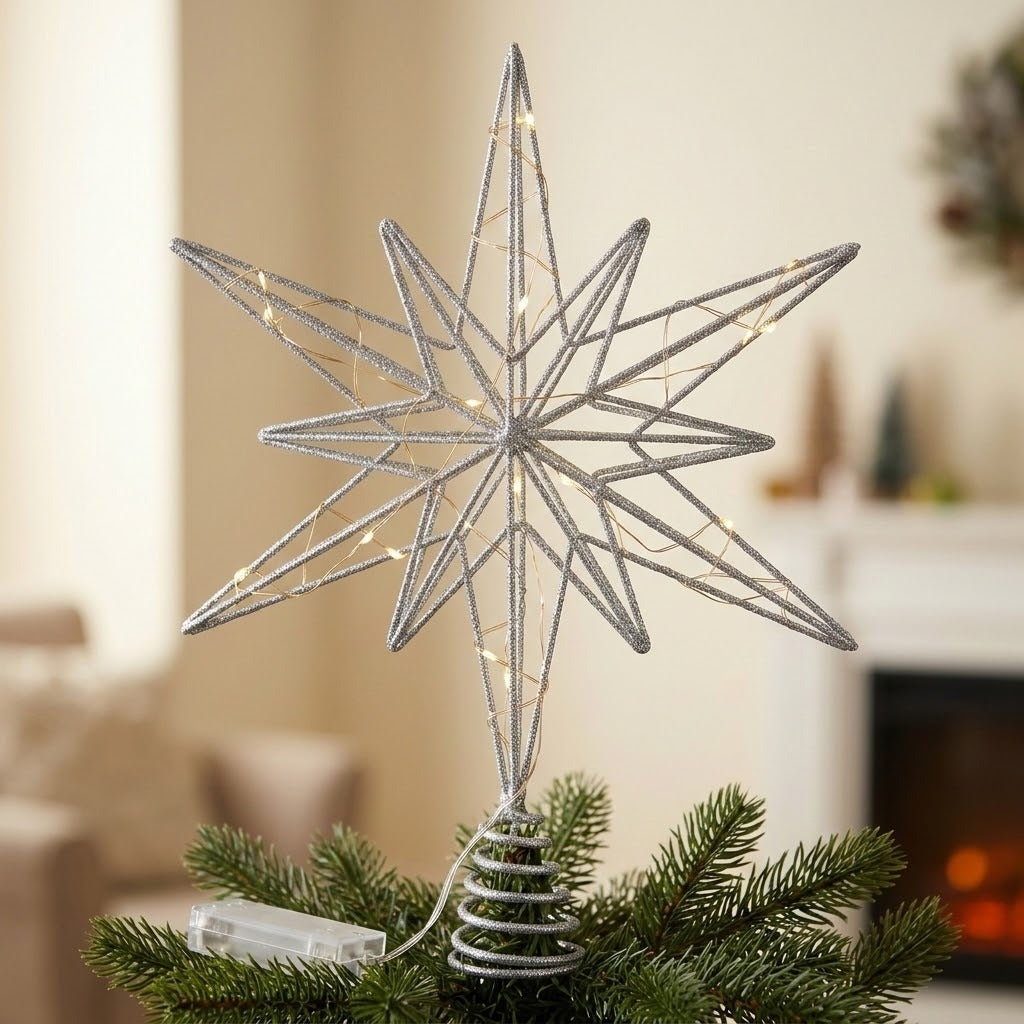 A silver wire star tree topper with built-in warm white string lights, mounted on a small silver spiral base and placed on green pine branches, with a softly blurred indoor room in the background.