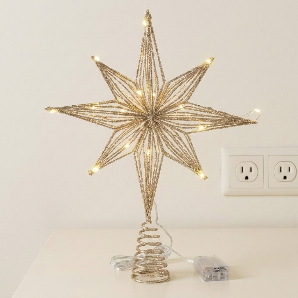 A gold wire star tree topper with warm white LED lights, mounted on a spiral spring base and shown on a tabletop with its power cord and battery pack against a plain wall.