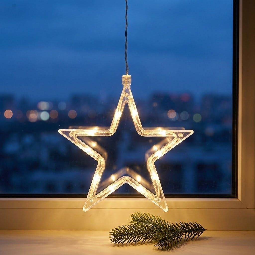 A glowing star-shaped hanging Christmas light with warm white LED bulbs, suspended in front of a window with a blurred city skyline at dusk and a pine branch below.
