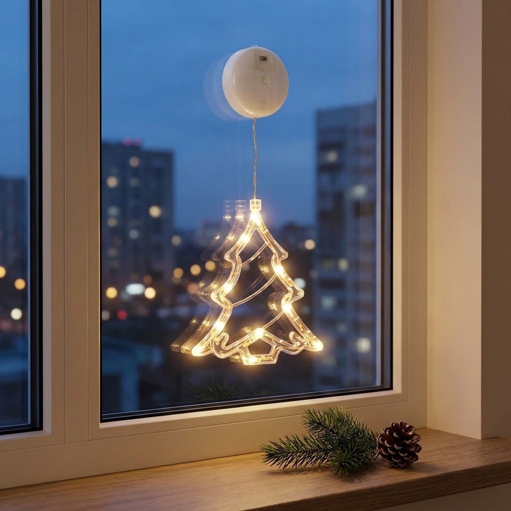 A Christmas tree-shaped window string light with warm white glowing bulbs, suspended from a white circular clip attached to a window. The scene is set in a real environment with a city skyline at dusk visible outside, a wooden windowsill, and greenery and a pinecone on the sill.