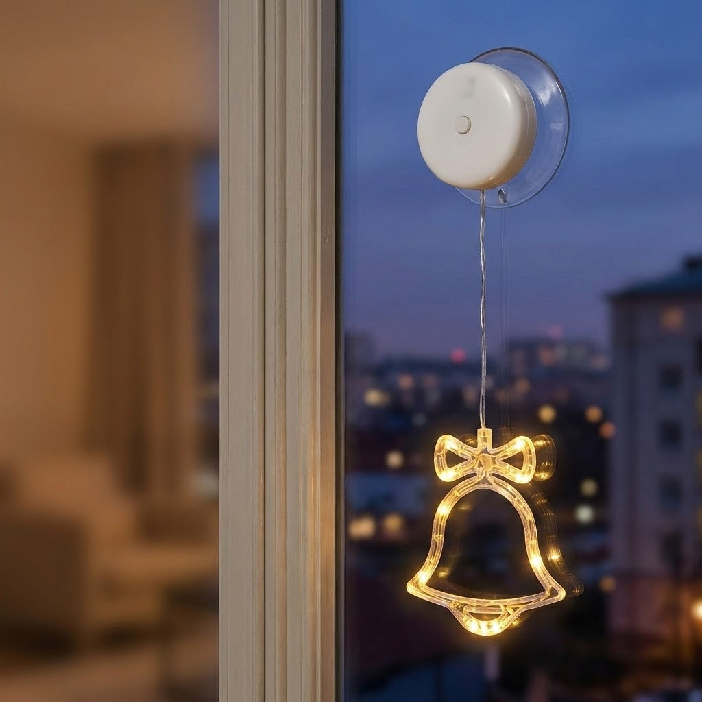 A small holiday window light with a clear suction cup mount and a glowing bell-shaped bulb hanging in front of a window at dusk.