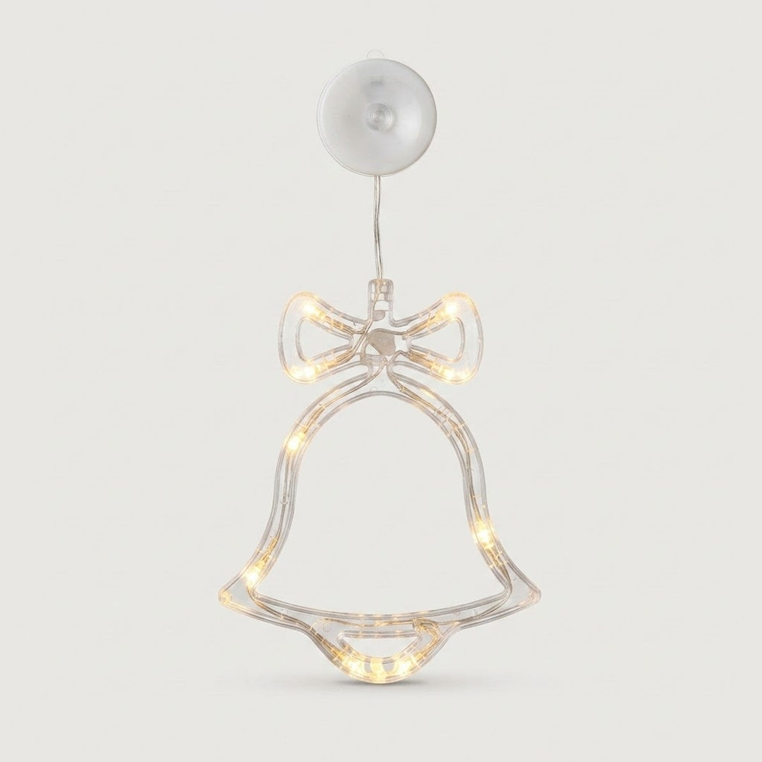 A clear bell-shaped window light with a bow outline glows with warm LEDs against an off-white background.