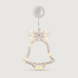 A clear bell-shaped window light with a bow outline glows with warm LEDs against an off-white background.