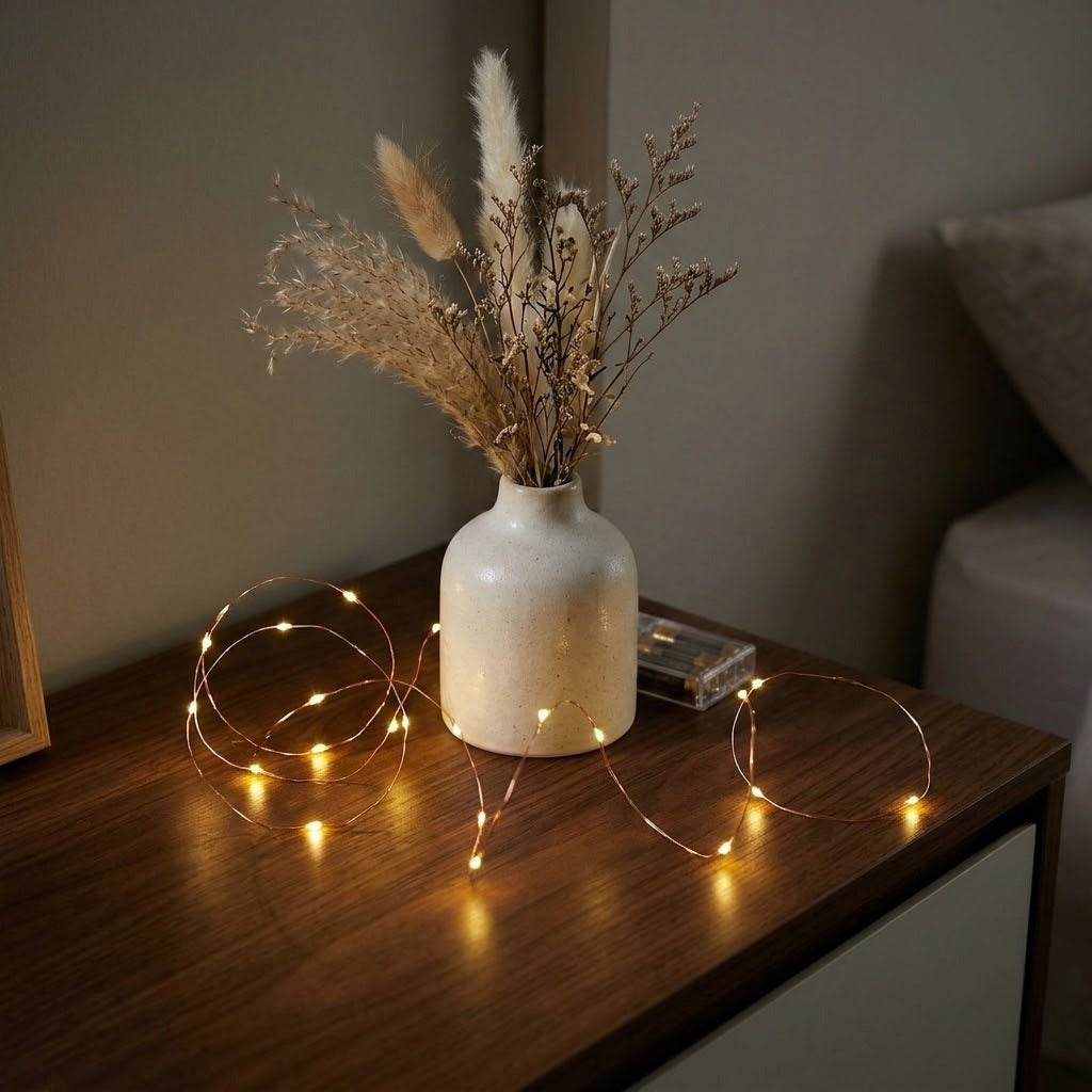 Warm white copper wire string lights loop across a wooden tabletop around a white vase of dried stems, beside a clear battery box.