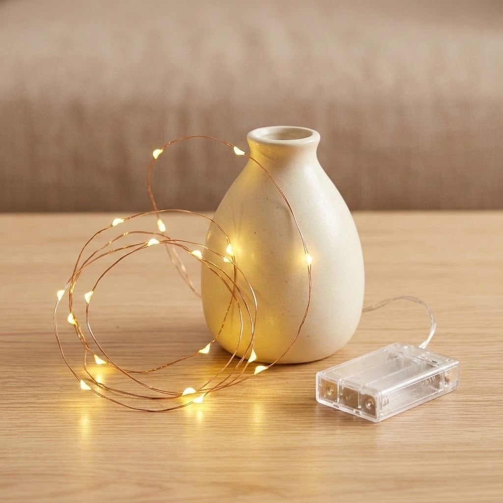 Warm white LED fairy string lights draped around a small matte ceramic vase on a wooden table, with a clear battery pack visible nearby.