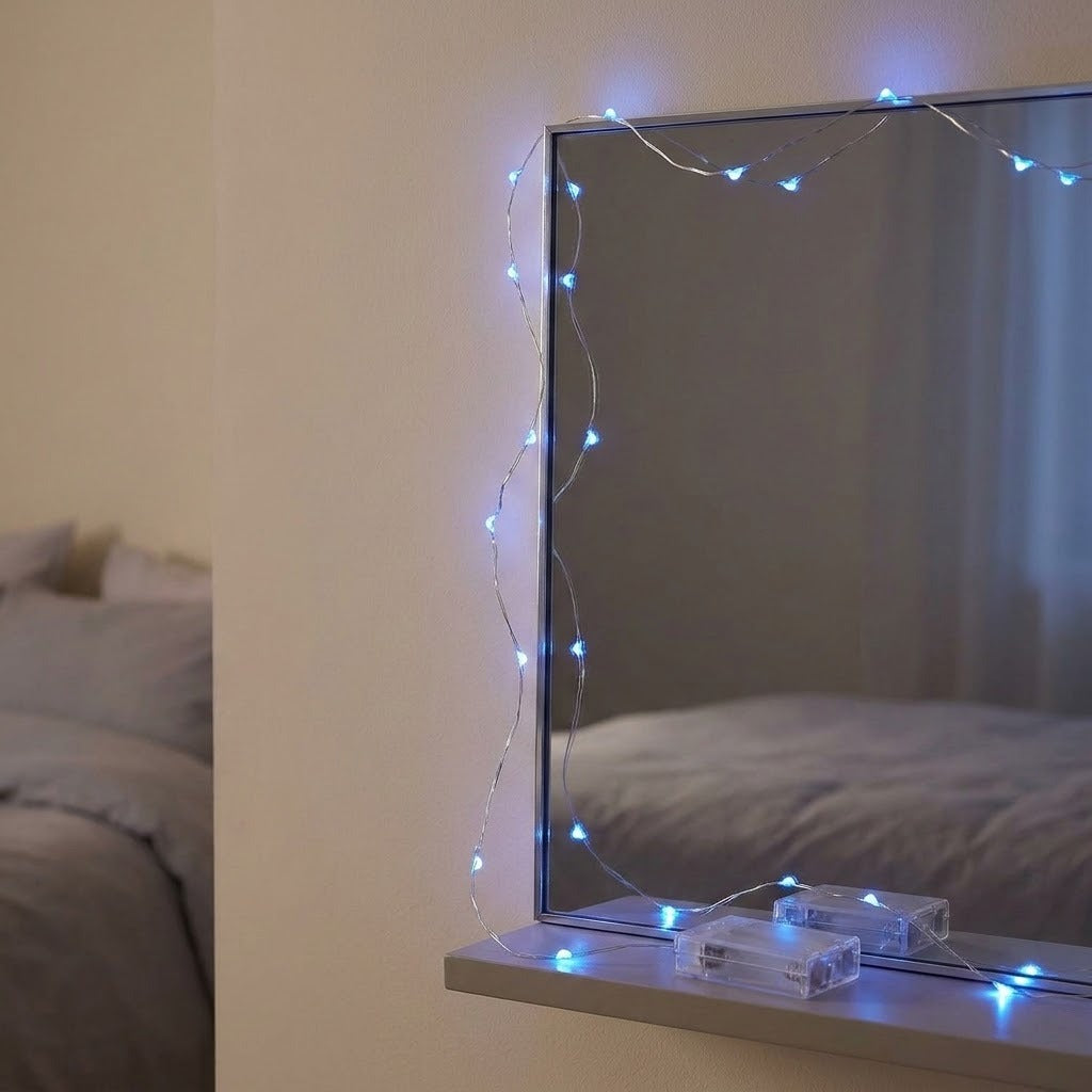 Blue LED fairy string lights draped around a wall mirror in a bedroom setting, with the mirror reflecting a bed in the background.