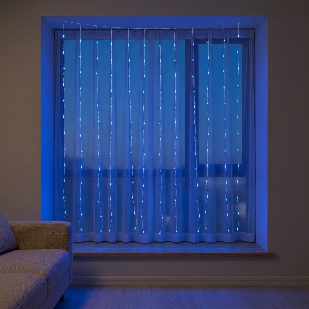 Blue curtain string lights hanging in front of a window in a dimly lit room, casting a cool blue glow on the curtains and surrounding wall.