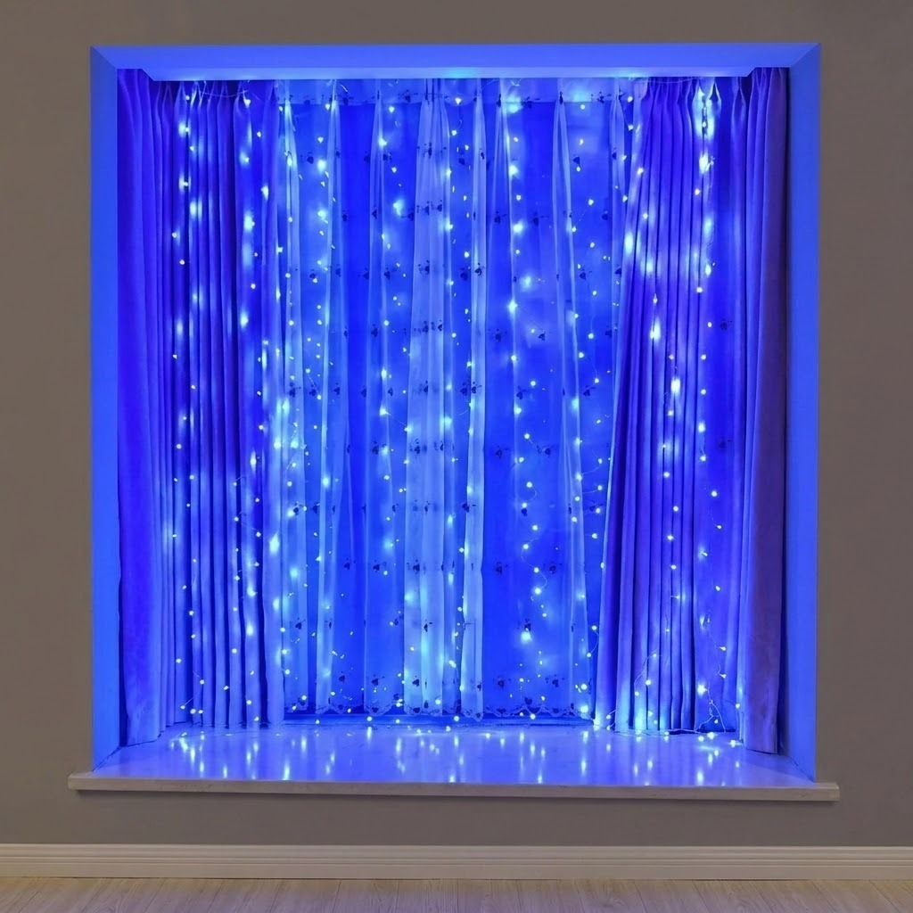Blue LED curtain string lights hanging in front of a window, casting a bright blue glow onto the window frame, sill, and light wood floor.