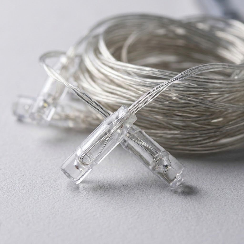 Close-up of clear plastic hanging clips on the thin silver wire strands of a coiled LED curtain light on a light gray surface.